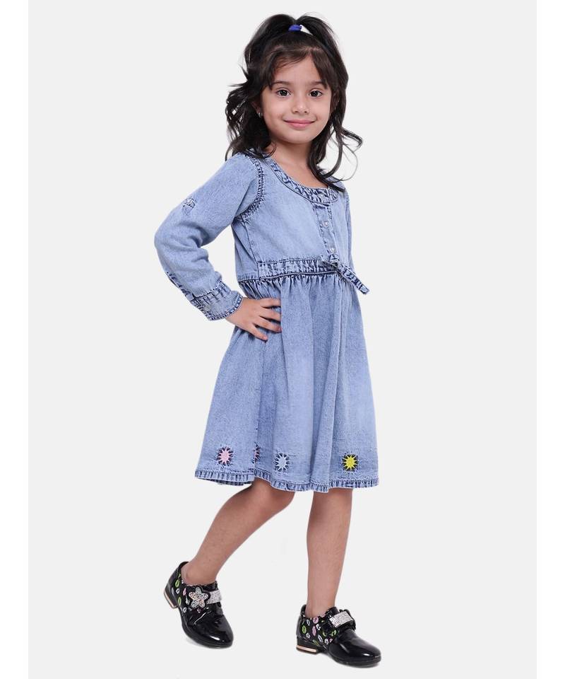 Full Sleeve Denim Dress For Baby Girl- Light Blue