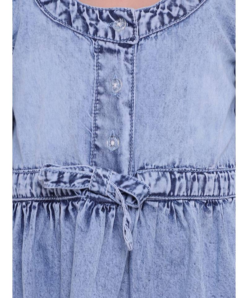 Full Sleeve Denim Dress For Baby Girl- Light Blue