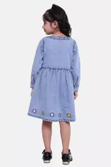 Full Sleeve Denim Dress For Baby Girl- Light Blue