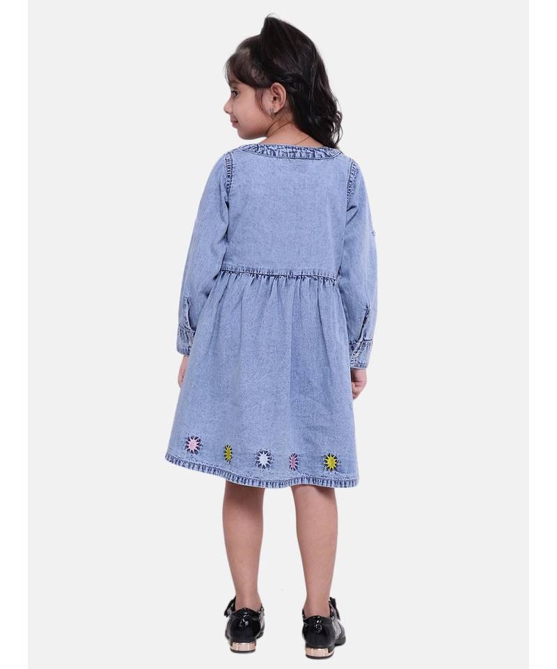 Full Sleeve Denim Dress For Baby Girl- Light Blue