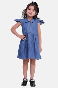 Ruffle Sleeve Denim Dress For Baby Girl- Dark Blue