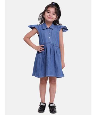 Ruffle Sleeve Denim Dress For Baby Girl- Dark Blue 1