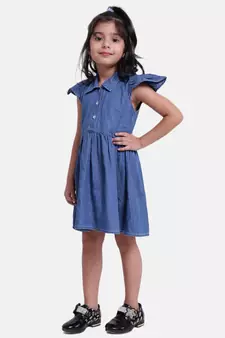 Ruffle Sleeve Denim Dress For Baby Girl- Dark Blue