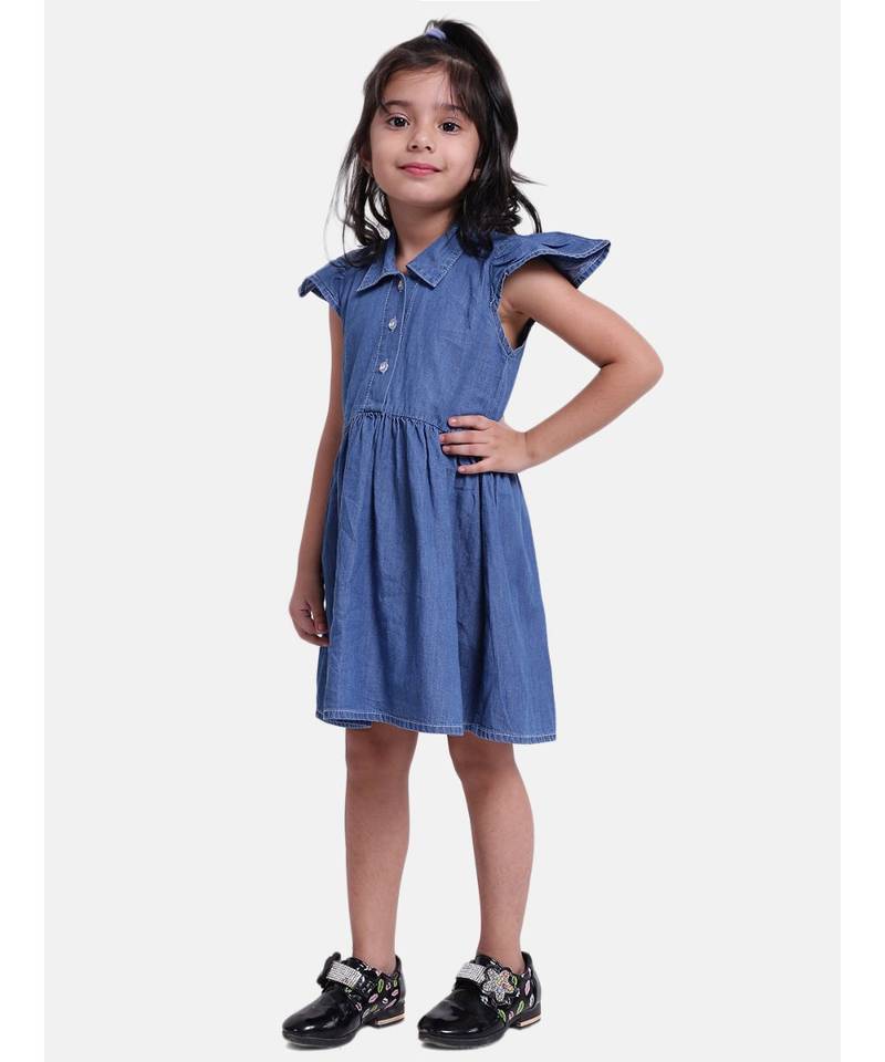 Ruffle Sleeve Denim Dress For Baby Girl- Dark Blue