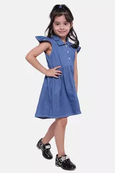Ruffle Sleeve Denim Dress For Baby Girl- Dark Blue