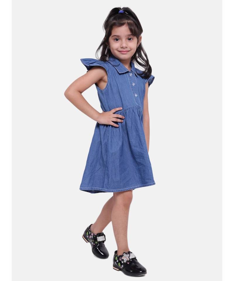 Ruffle Sleeve Denim Dress For Baby Girl- Dark Blue