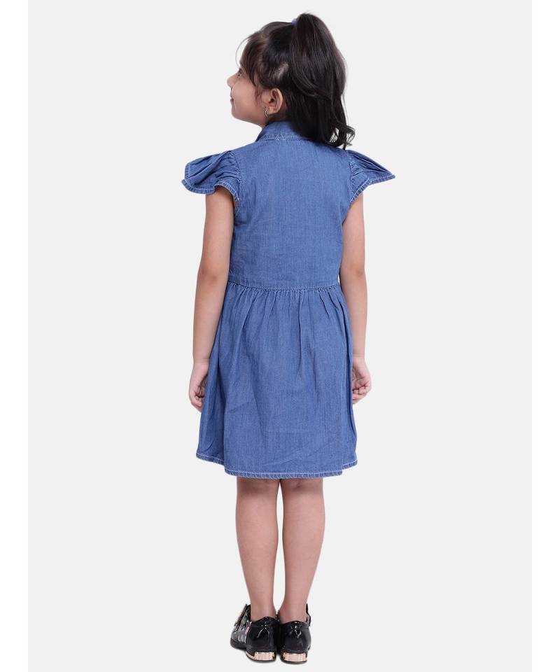Ruffle Sleeve Denim Dress For Baby Girl- Dark Blue