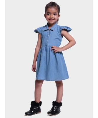 Ruffle Sleeve Denim Dress For Baby Girl- Blue 1