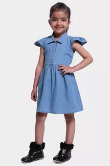 Ruffle Sleeve Denim Dress For Baby Girl- Blue