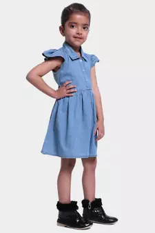 Ruffle Sleeve Denim Dress For Baby Girl- Blue