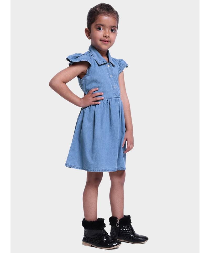 Ruffle Sleeve Denim Dress For Baby Girl- Blue