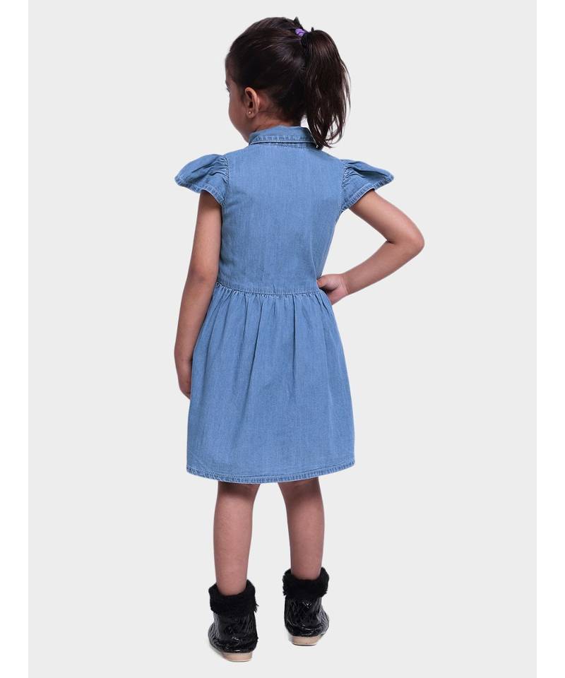 Ruffle Sleeve Denim Dress For Baby Girl- Blue