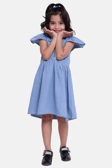 Ruffle Sleeve Denim Dress For Baby Girl- Light Blue
