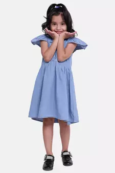 Ruffle Sleeve Denim Dress For Baby Girl- Light Blue