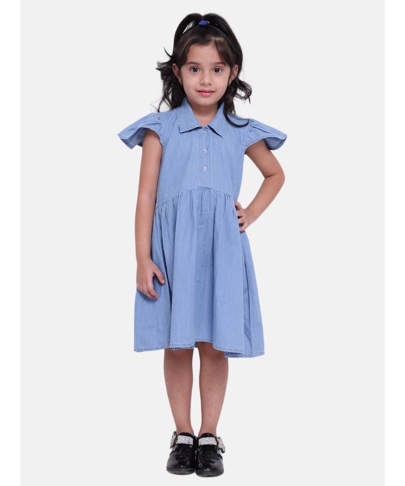 Ruffle Sleeve Denim Dress For Baby Girl- Light Blue
