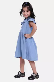 Ruffle Sleeve Denim Dress For Baby Girl- Light Blue