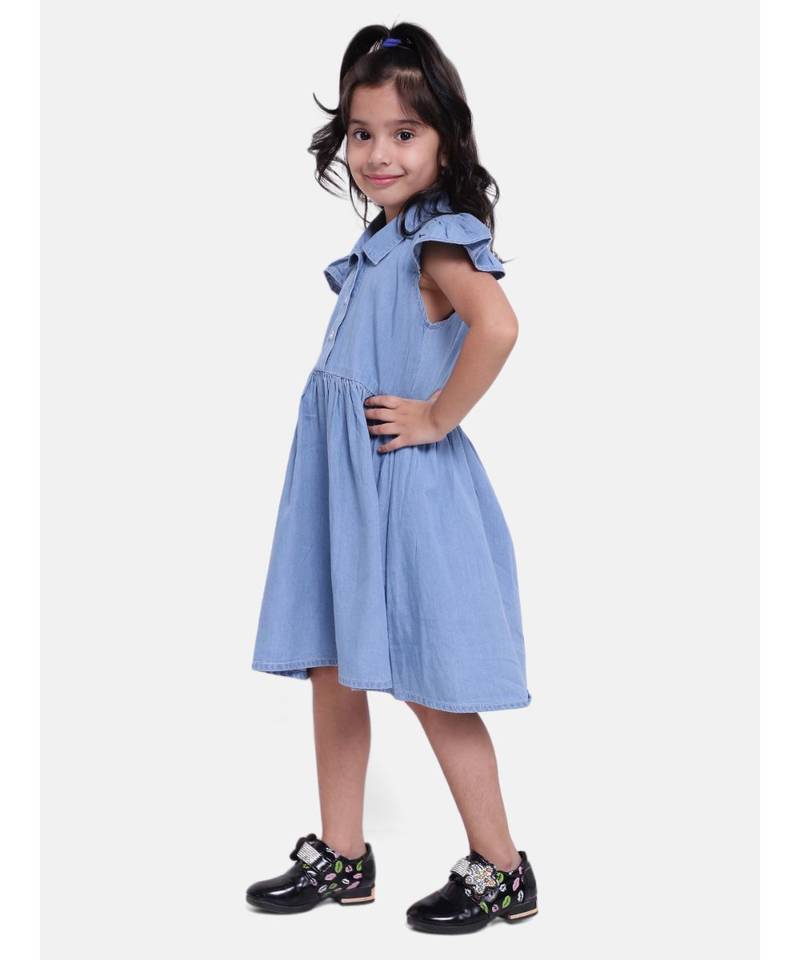 Ruffle Sleeve Denim Dress For Baby Girl- Light Blue