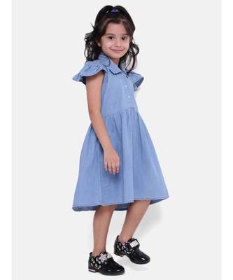 Ruffle Sleeve Denim Dress For Baby Girl- Light Blue 4