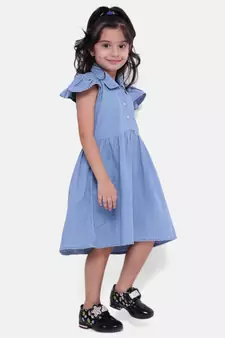 Ruffle Sleeve Denim Dress For Baby Girl- Light Blue