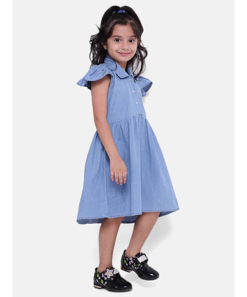 Ruffle Sleeve Denim Dress For Baby Girl- Light Blue