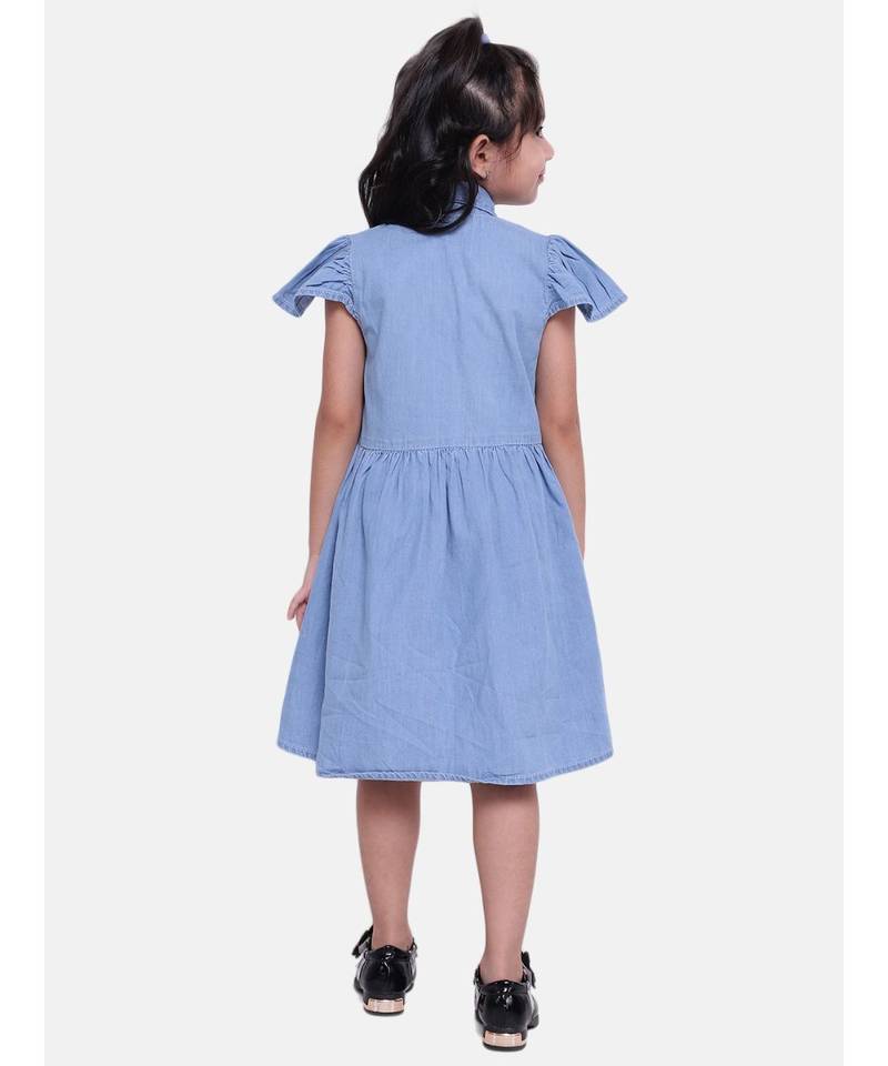 Ruffle Sleeve Denim Dress For Baby Girl- Light Blue