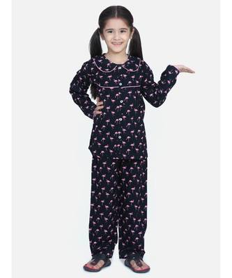 Girls Full Sleeve Printed Night Suit-Navy Blue 1