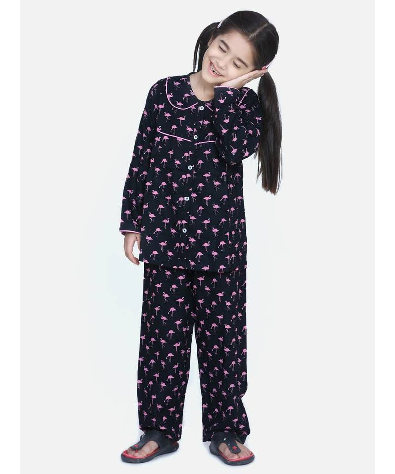 Girls Full Sleeve Printed Night Suit-Navy Blue