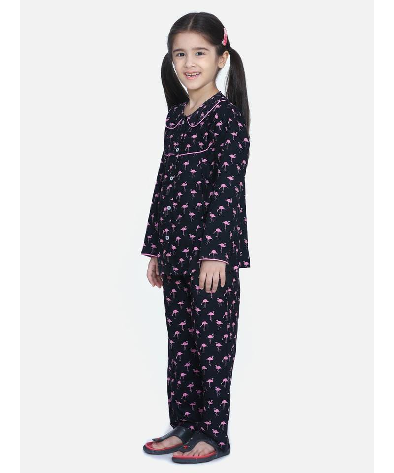Girls Full Sleeve Printed Night Suit-Navy Blue