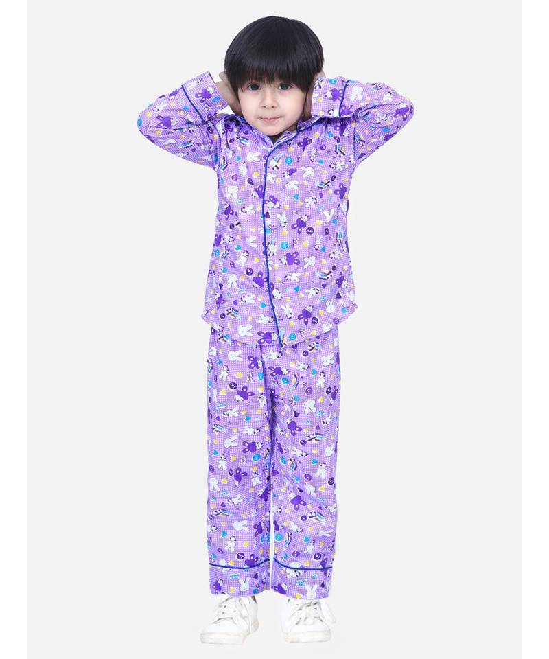 Boys Full Sleeve Printed Night Suit- Purple
