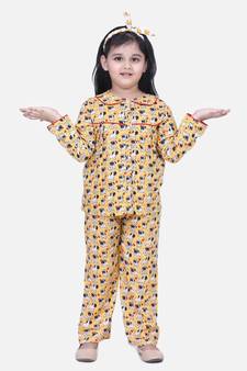 Girls Full Sleeve Printed Night Suit- Orange