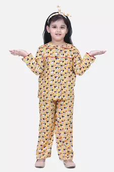 Girls Full Sleeve Printed Night Suit- Orange