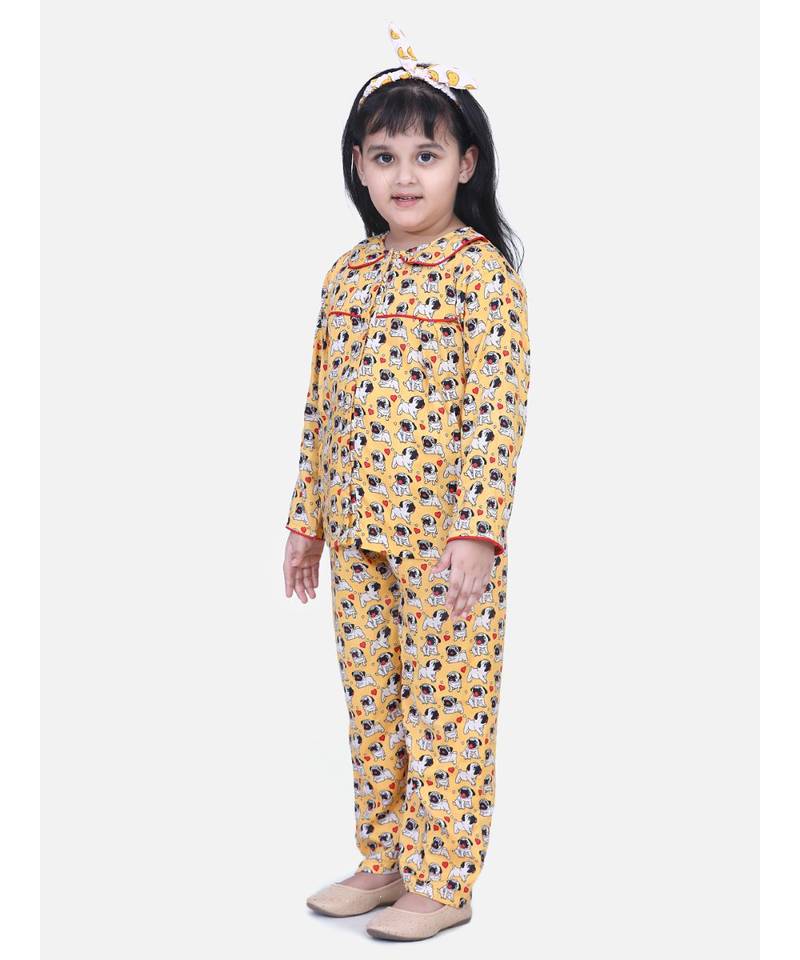 Girls Full Sleeve Printed Night Suit- Orange