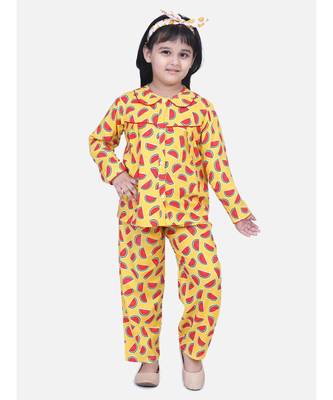 Girls Full Sleeve Printed Night Suit- Yellow 1
