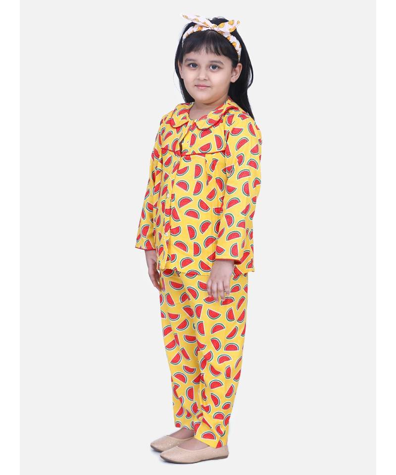 Girls Full Sleeve Printed Night Suit- Yellow