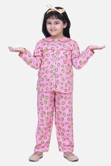 Girls Full Sleeve Printed Night Suit- Pink