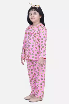 Girls Full Sleeve Printed Night Suit- Pink