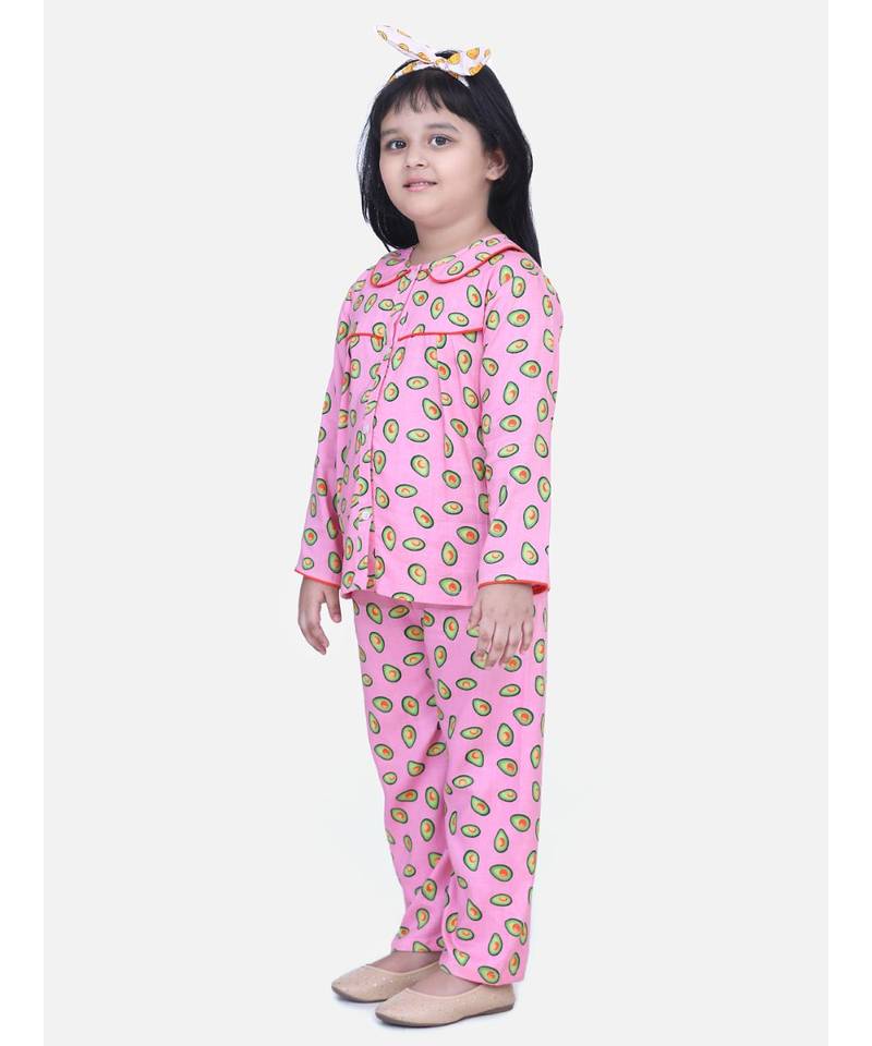 Girls Full Sleeve Printed Night Suit- Pink