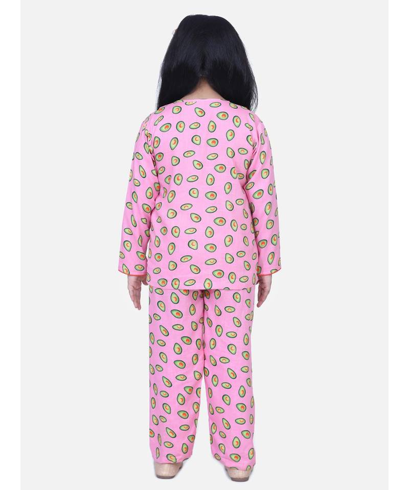 Girls Full Sleeve Printed Night Suit- Pink