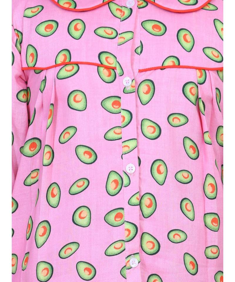 Girls Full Sleeve Printed Night Suit- Pink