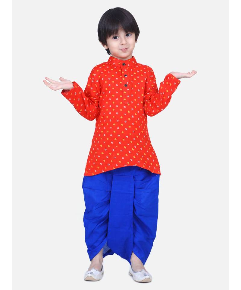 Boys Bandhani Full Sleeve Kurta Dhoti- Orange