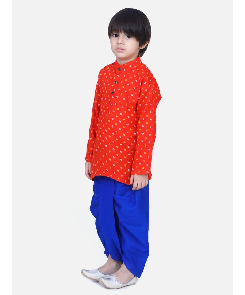 Boys Bandhani Full Sleeve Kurta Dhoti- Orange