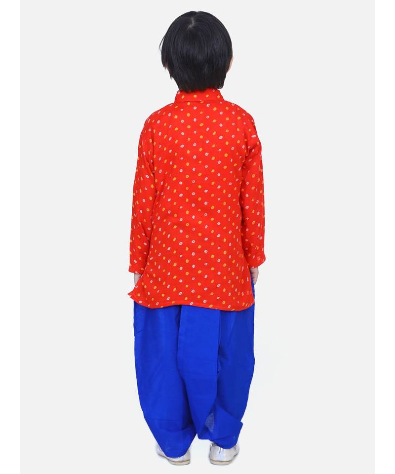 Boys Bandhani Full Sleeve Kurta Dhoti- Orange