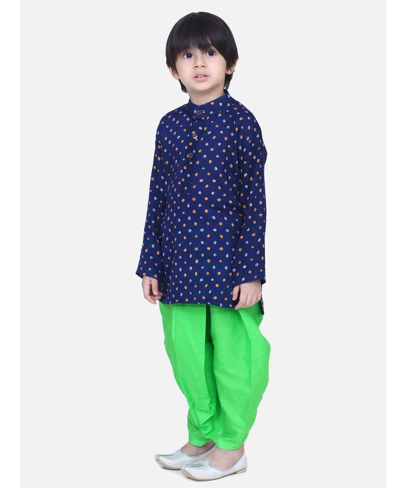 Boys Bandhani Full Sleeve Kurta Dhoti- Blue