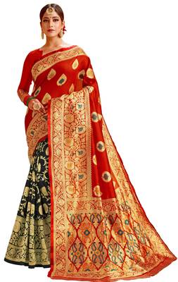 New Stylish Red & Black Color Banarasi Half & Half Cotton Silk Saree 1