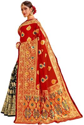 New Stylish Red & Black Color Banarasi Half & Half Cotton Silk Saree 3