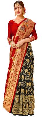 New Stylish Red & Black Color Banarasi Half & Half Cotton Silk Saree 4