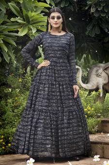 Navy-blue foilage print georgette Designer gown