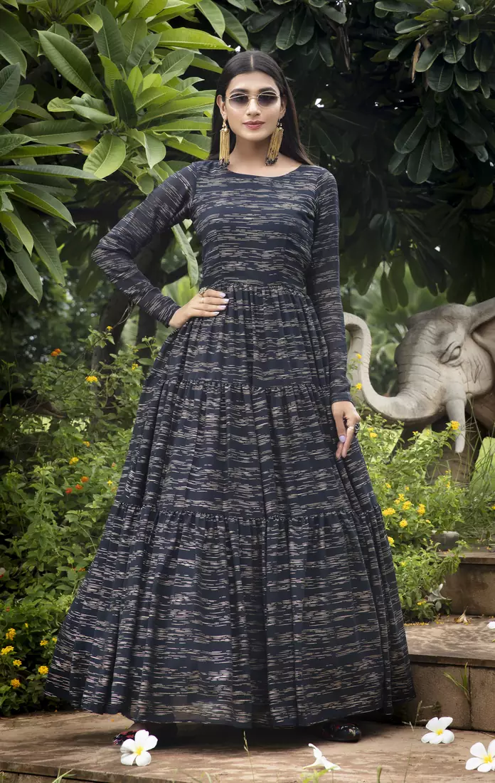 Navy-blue foilage print georgette Designer gown