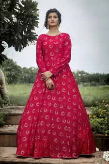 Rani-pink foilage print georgette Designer gown