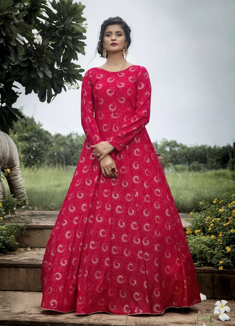 Rani-pink foilage print georgette Designer gown
